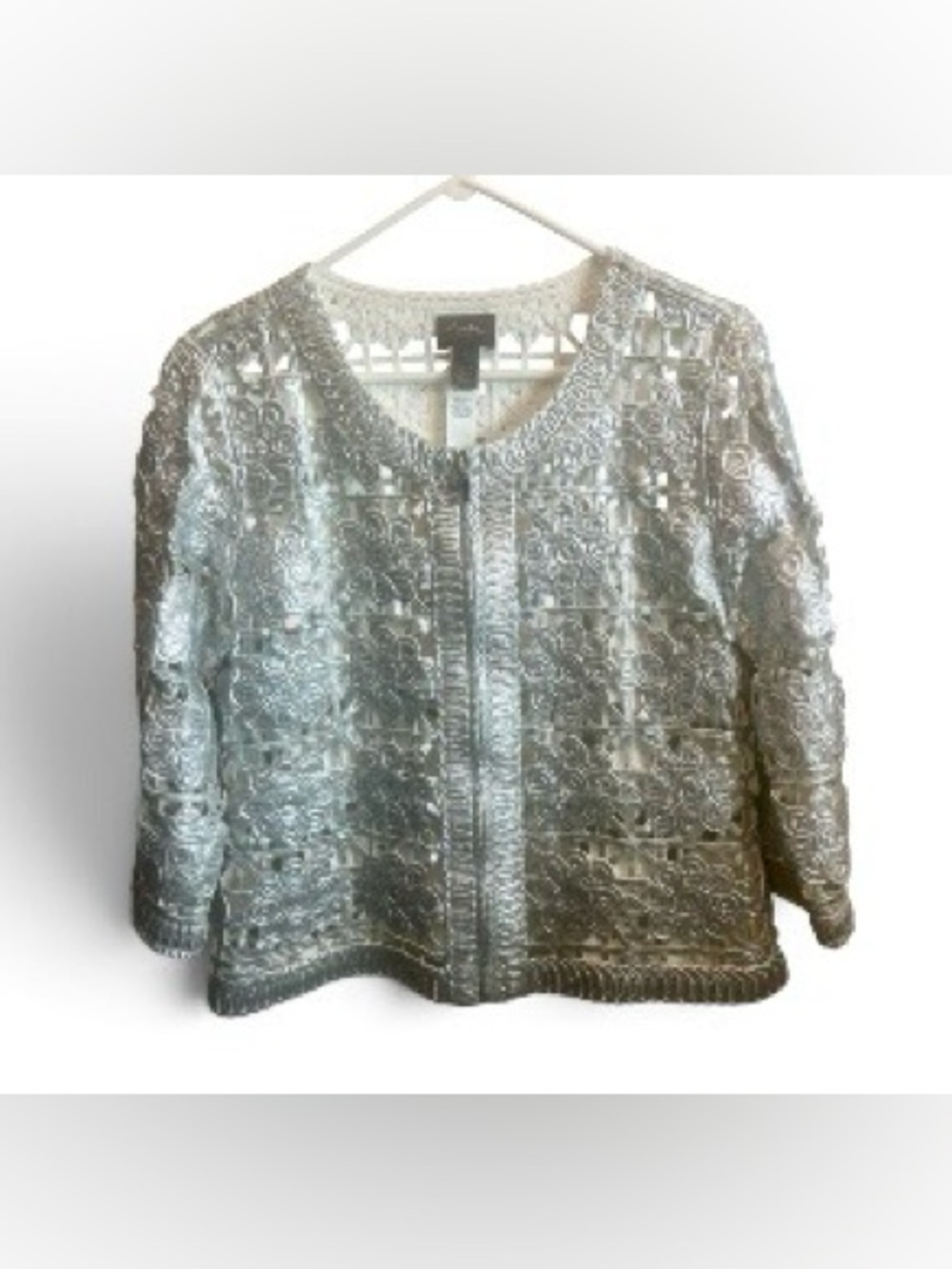 Chicos  Traveler Silver  Foiled Lace  Bomber Jacket, Size 1